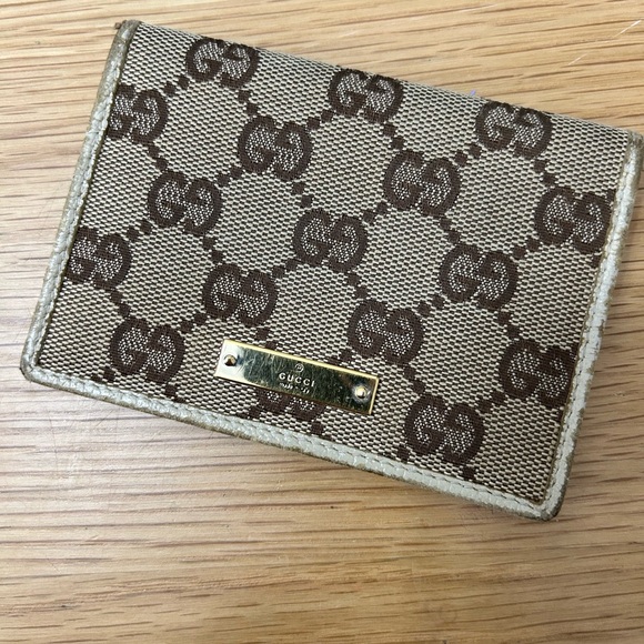 Gucci GG Canvas Card Holder Wallet Beige Brown Monogram Gold Logo Plate - Picture 3 of 8